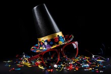 Clown Hat, Glasses And Confetti On A Black Square Background. Generative Ai