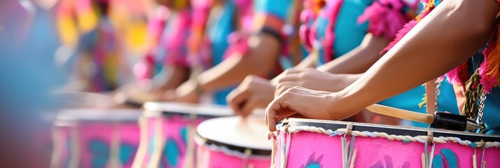 close up of drummer playing a drum in a march. generative ai