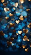 Blue and golden vertical background of glittering bokeh and shapes of hearts	