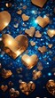 Blue and golden vertical background of glittering bokeh and shapes of hearts	