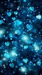 Blue vertical background of glittering bokeh and shapes of hearts	