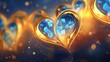 Blue and golden background of glittering bokeh and shapes of hearts	