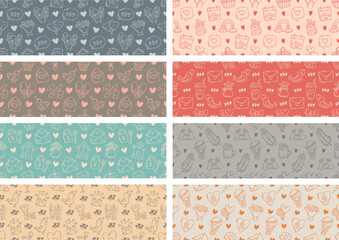 Wall Mural - The love theme doodle style seamless patterns set, Valentines Day hand-drawn color icons with a simple engraving retro effect. Romantic mood, cute symbols and elements backgrounds collection.