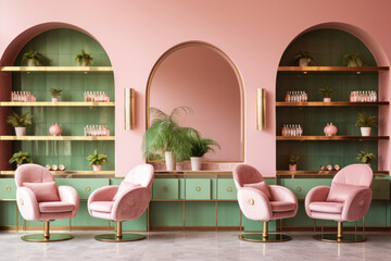 A comfortable and luxurious vintage-inspired beauty salon with classic pastel elegance and modern accents.