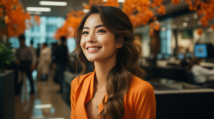 Wall Mural - Asian, thinking and business with office, background and professional entrepreneur in building. Happy, smiling and urban with Japanese female wearing a business suit for leadership and bokeh success