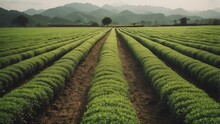 Rows Of Green Tea Plants On A Field Farm From Generative AI