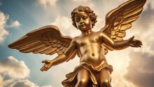 Golden Cherub Angel Statue In Sky Background From Generative AI