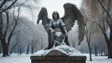 Angel Statue In A Park On Winter Background From Generative AI