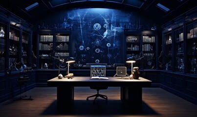 Wall Mural - light black and indigo styled data room, chicago imagination master, intelligence core, romantic aca