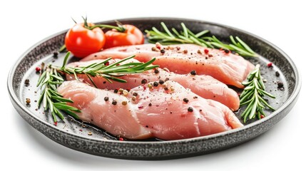 Sticker - Sliced raw Chicken breast fillet, poultry meat steaks in plate. B Isolated on white background