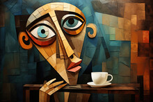 Abstract Coffee Painting In The Style Of Pablo Picasso. Coffee., Coffee Art. Illustration, Generative AI