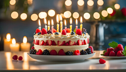 creamy birthday cake with berries and candles on the family kitchen table, people celebrate holidays together,