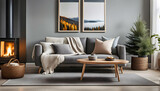Fototapeta Uliczki - A pastel-colored sofa with a soft blanket near the fireplace. Scandinavian interior design of modern small living room in hygge style, cozy place to relax,