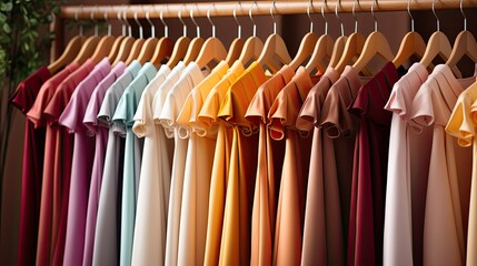 Summer closet, dresses and shirts on hangers. Creative concept of women's clothing showroom, designer dresses store. Fashionable women's closet wallpaper, Generative AI