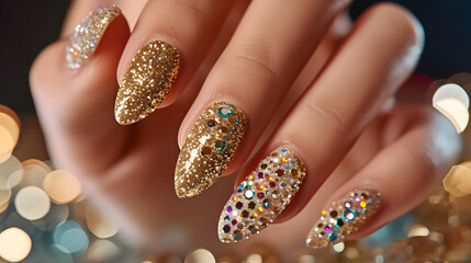 Women hands with perfect manicure, festive bedazzled with crystals nails, gold, shiny, 