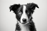 Fototapeta  - Border collie miniature puppy by patrick phtphotography, in the style of sheet film, white background, light gray and dark black, soft focus, textured canvas, selective focus, cute and colorful

