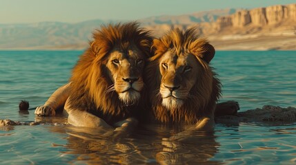 Poster - Two Lion in Water