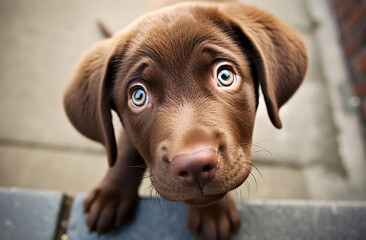 Chocolate lab puppy looking back at camera, in the style of aerial photography, cinestill 50d, wimmelbilder, innocent, close up, charming characters

