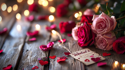 Wall Mural - beautiful bouquet of red and pink roses on a wooden background. Love, Valentine's Day.