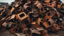 Pile Of Cutted Pieces Of Rusted Scrap Steel Metal On A Junk Yard Background From Generative AI