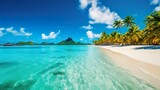 Fototapeta Do akwarium - Sandy tropical beach with island on background
