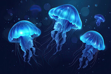 Isolated fantasy bioluminescent jellyfish in the sea