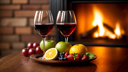 two glasses of wine with fruit on the background of the fireplace. atmosphere