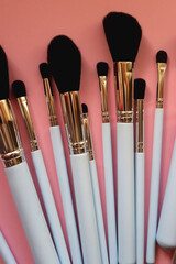 various different make up brushes on pink background. top view.