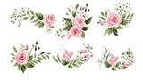 Fototapeta Panele - Set of vector bouquets of pink rose. Flowers on white background. All elements are isolated. Elements for wedding design. Corners and borders of pink roses. generative ai