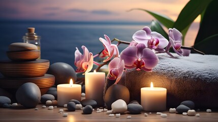 Aromatherapy, spa, beauty treatment and wellness background with massage pebbles, orchid flowers, towels, cosmetic products and burning candles.