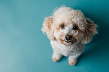 Wall Mural - Top view photo of cute white poodle sitting against blue background with space for text