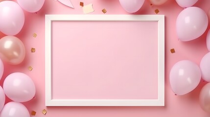 Wall Mural - Birthday or holiday mockup with frame, gift box, pastel balloons and confetti on pink table top view. Flat lay composition.