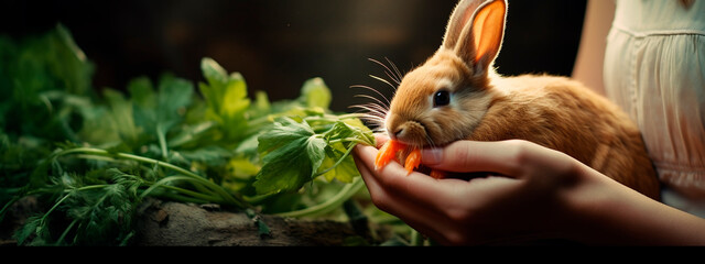 Wall Mural - a young woman feeds a rabbit.