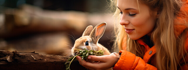 a young woman feeds a rabbit.