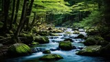 Fototapeta  - river with mossy rocks in the middle of a tropical forest