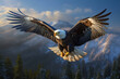 Flying bald eagle with open wings, close-up on a mountainous landscape.