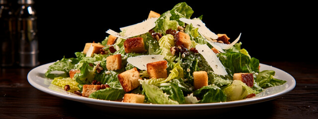 Wall Mural - fresh caesar salad on a wooden table, on a dark background.