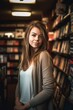 an attractive young woman standing in a bookstore