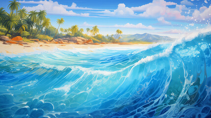 Wall Mural - Sandy tropical beach with island on background, water of tropical sea, Ai generated image 