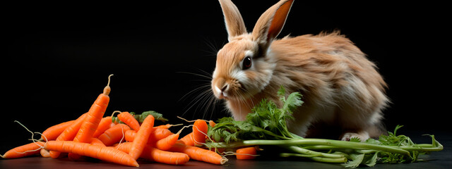 Wall Mural - little rabbit eats carrots on a dark background.