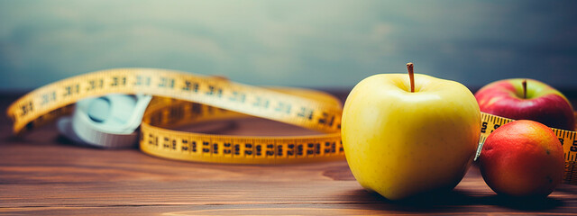 measuring tape apple on wooden table. emaciation