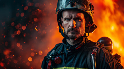 Wall Mural - Heroic portrait of a firefighter, uniform reflecting the flicker of flames, helmet under arm, stoic expression