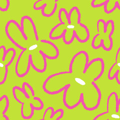 Fototapete - Doodle flowers pattern design. Cute floral print, abstract endless repeating background. Bright summer texture in naive kids style. Colored flat vector illustration for wrapping, textile, fabric