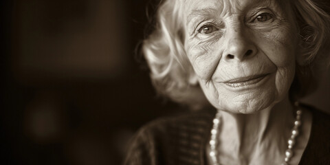  elderly woman, vintage pearl necklace, soft smile, timeless elegance