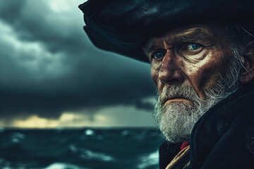 Wall Mural - sea captain, weathered face, staring out at a stormy ocean