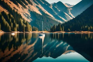 Wall Mural - A sailboat gliding on a serene lake with a reflection of the surrounding mountains on the water's surface.