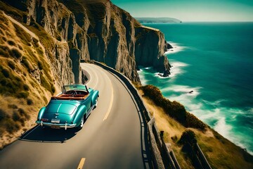  A vintage convertible car driving along a picturesque coastal road, with the ocean on one side and cliffs on the other.