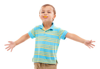 Child, smile and portrait with orange in mouth in white background, studio and mockup space. Fruit, slice and kid with healthy food, nutrition and citrus in diet for wellness and vitamin c benefits