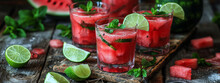 Close Up Of Fresh Watermelon Juice Or Cocktail In Glasses With Pieces Of Watermelon. A Refreshing Summer Drink
