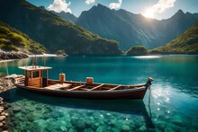 A Small Fishing Boat Anchored At A Serene Bay With A Picturesque Mountain Backdrop.